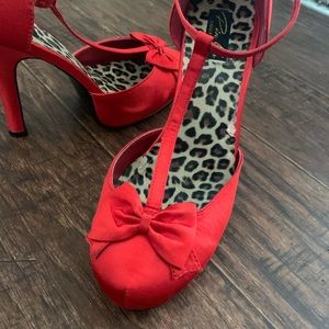 Red Satin Pinup Couture Pumps